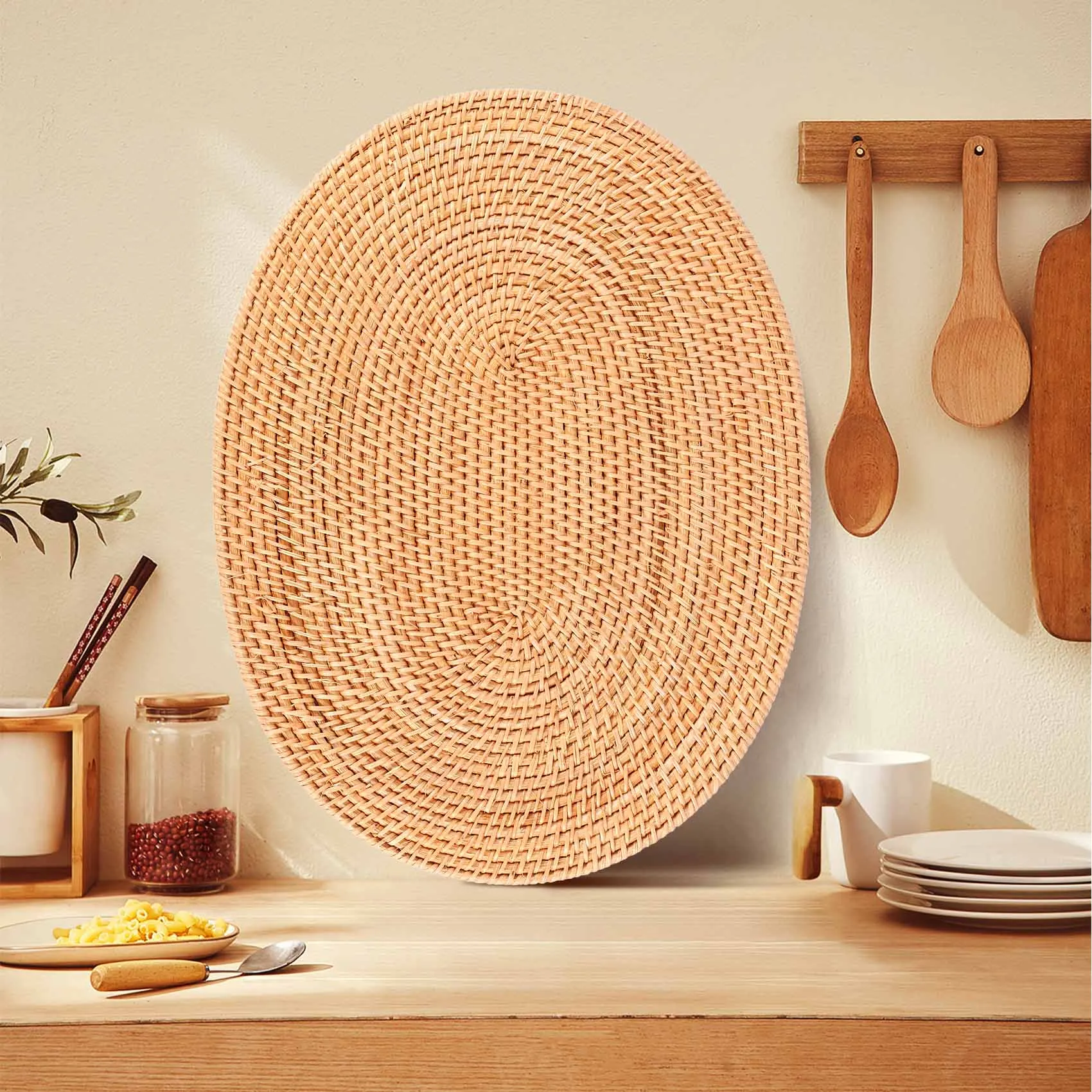 Oval Rattan Placemat,Natural Rattan Hand-Woven,Tea Ceremony Accessories,Suitable for Dining Room, Kitchen,Living Room