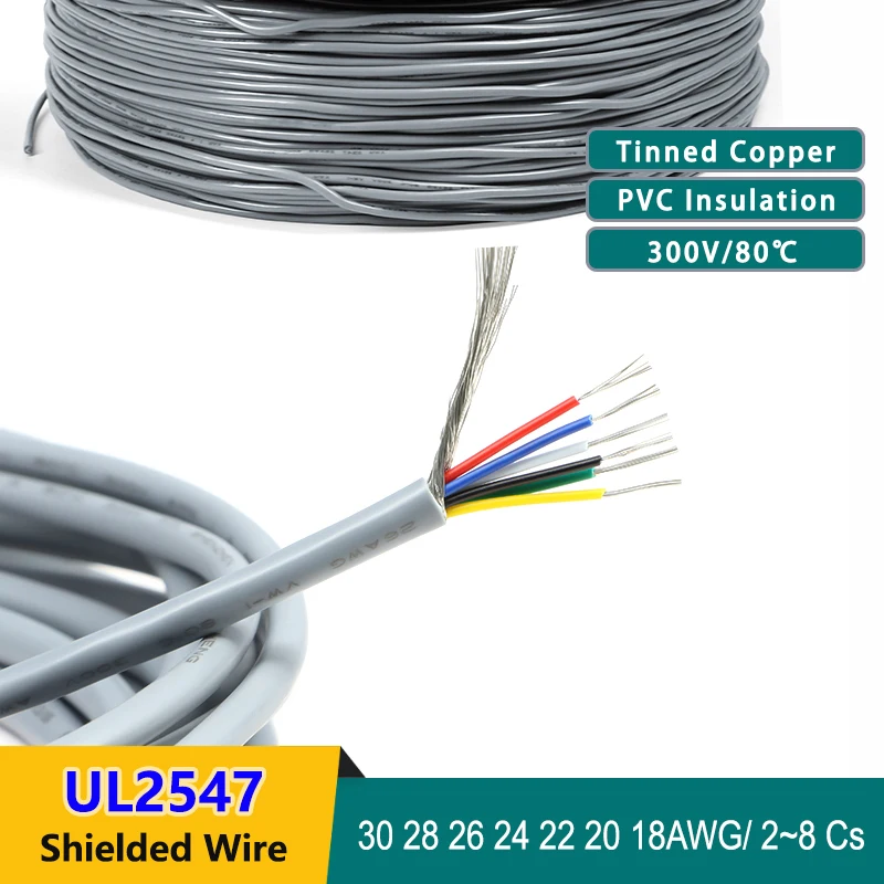 Grey Shielded Wire Signal Cable 32 30 28 26 24 22 20 18 AWG Channel Audio 2 3 4 5 6 8 Core UL2547 Headphone Copper Control Wires