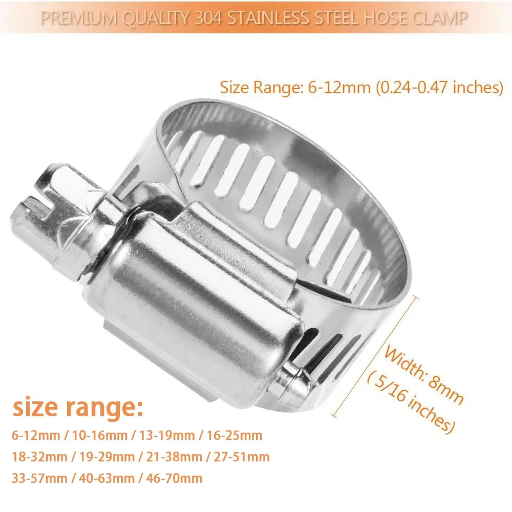 Hose Clamp, 20 pcs Stainless Steel Adjustable 6-70mm Size Range Worm Gear Fuel Line Clamp for Plumbing, Mechanical Application