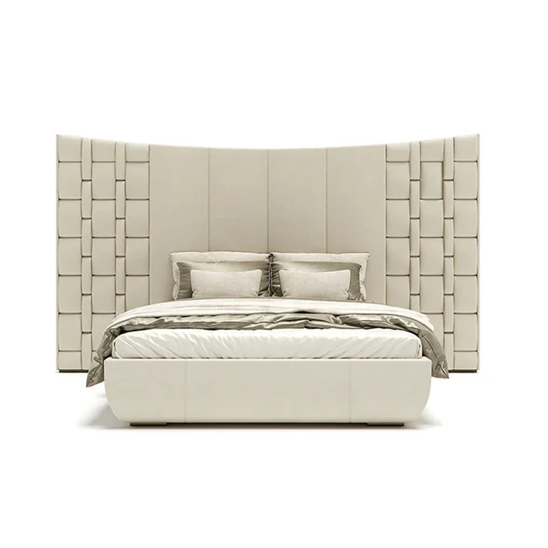 High Quality Bedroom Furniture Cama Luxury High Headboard Beige Fabric Bed Latest Modern Double Bed Designs