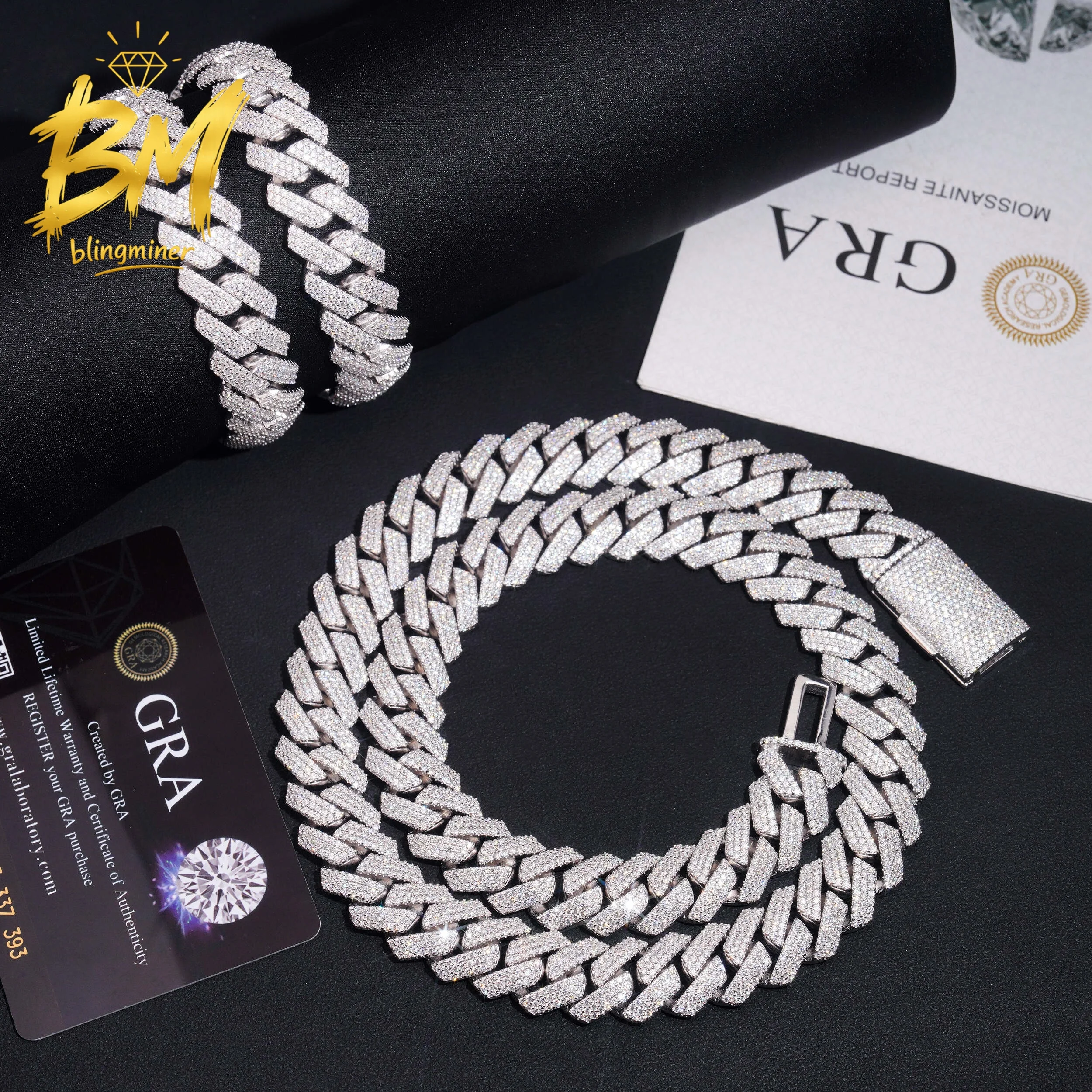 Blingminer Hip Hop Cadena Cubana de 15mm con 3 Filas de Moissanita Vvs, Collar Iced Out para Hombre, Joyería que Pasa el Test de Diamantes
