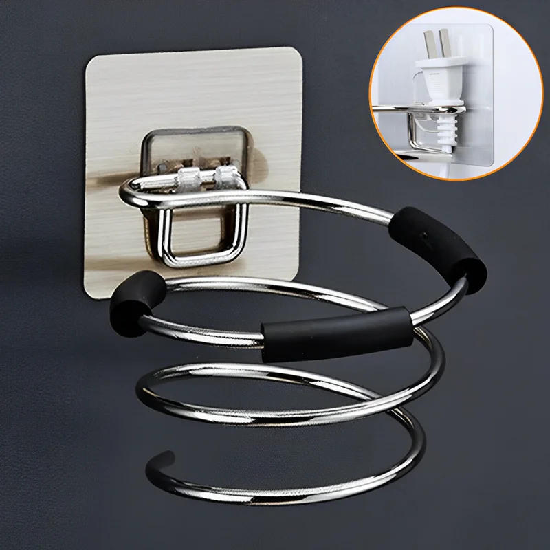 

Hair Dryer Holder Blower Organizer Adhesive Wall Mounted Nail Free No Drilling Stainless Steel Spiral Stand Storage For Bathroom