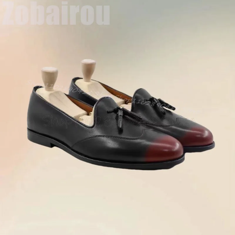 

Red Black Sewing Design Tassels Decor Loafers Fashion Slip On Men Shoes Luxurious Handmade Party Banquet Office Men Dress Shoes