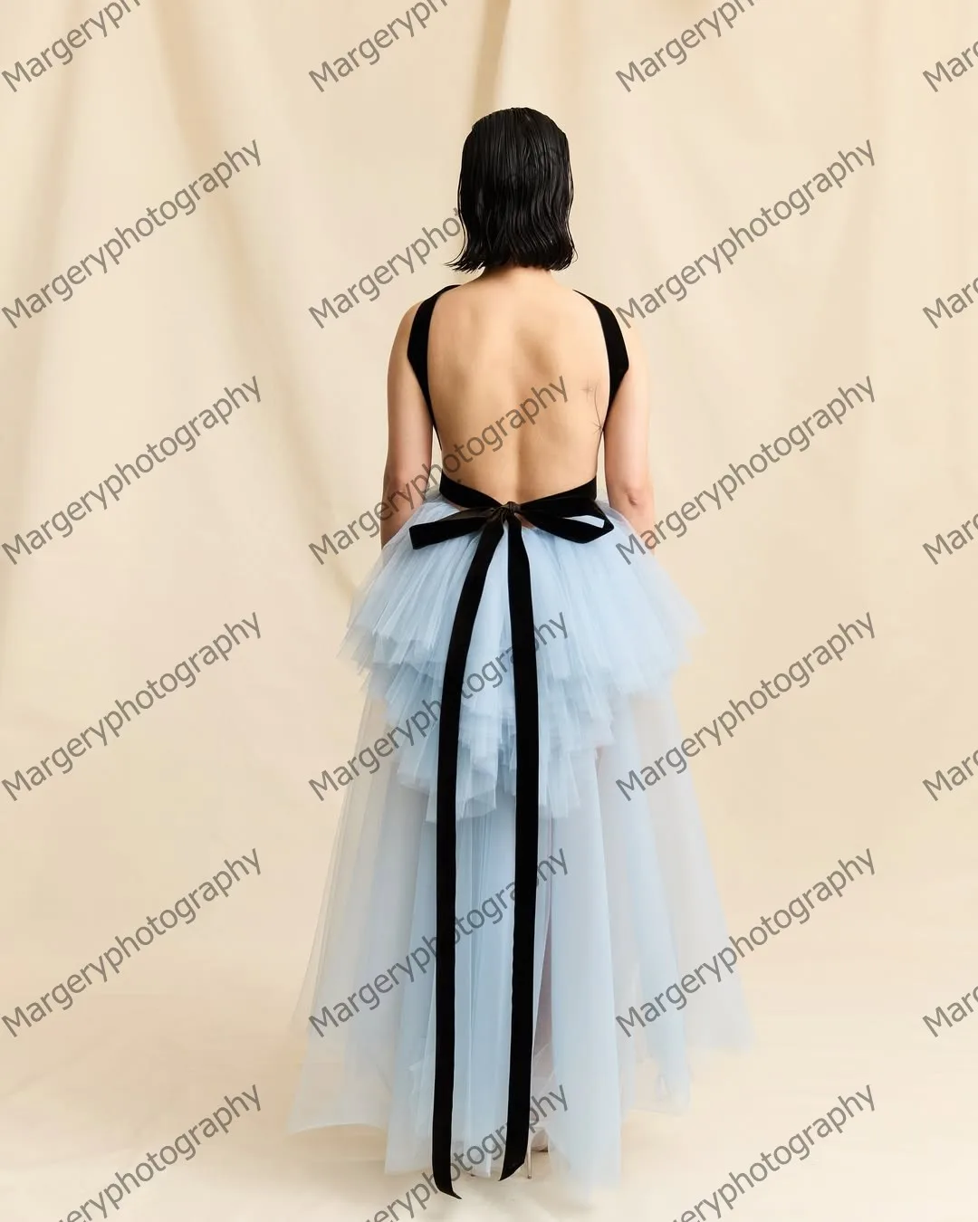 Elegante vestido maxi de tule azul claro com cintura preta sexy sem costas em camadas de malha formal vestidos de festa babados inchados vestido de baile