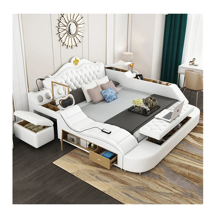 #For Smart Massage King Leather Bedroom Furniture Sexy Wedding Bed Multi-functional Storage with Music Soft Bed*