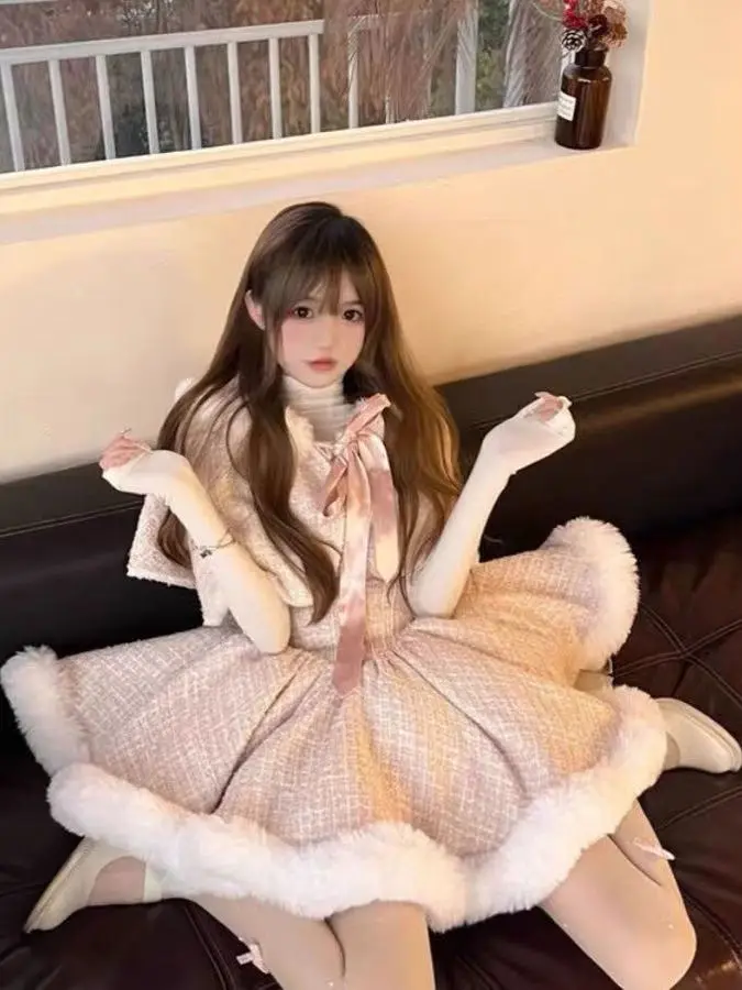 

Sweet Ele Pink Fluffy Jaet And Puffy Skirt Two-Piece Set for Women Luxury Sle Autumn Winter Faion Outfit Combo