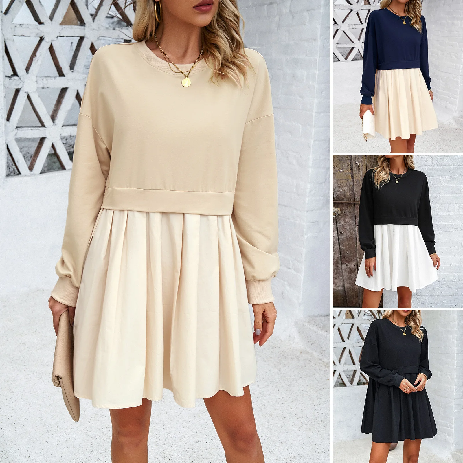 

Women's Clothing Cross-border Spring And Summer Foreign Temperament Round Neck Long Sleeve Splicing Contrasting Color Dress