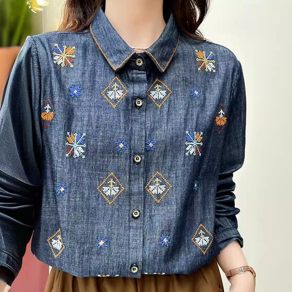 New Summer Embroidered Washed Denim Shirt Woman Lapel Long Sleeve Tops Girl Casual Loose Literature Blouses 2024 Autumn T47603QM