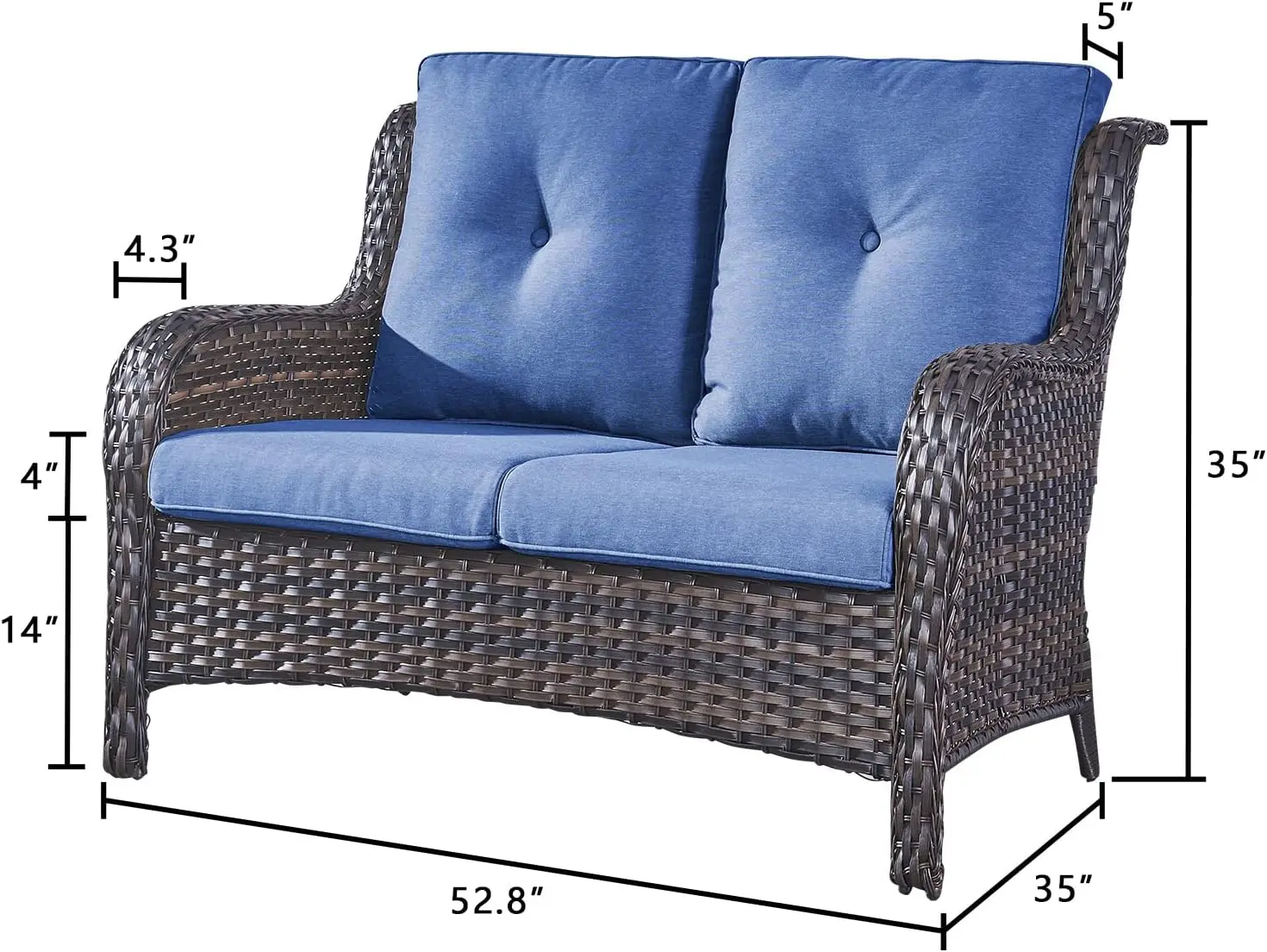 Sofá exterior do Rattan com assento profundo e almofadas, mobília do pátio, plataforma da varanda, varanda, 2 lugares