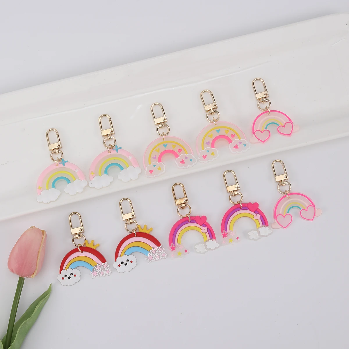 

10pcs PVC Rainbow Keychain Cartoon Rainbow Cloud Key Chain Bag purse Backpack Charm Birthday Party Favor ornament Accessories