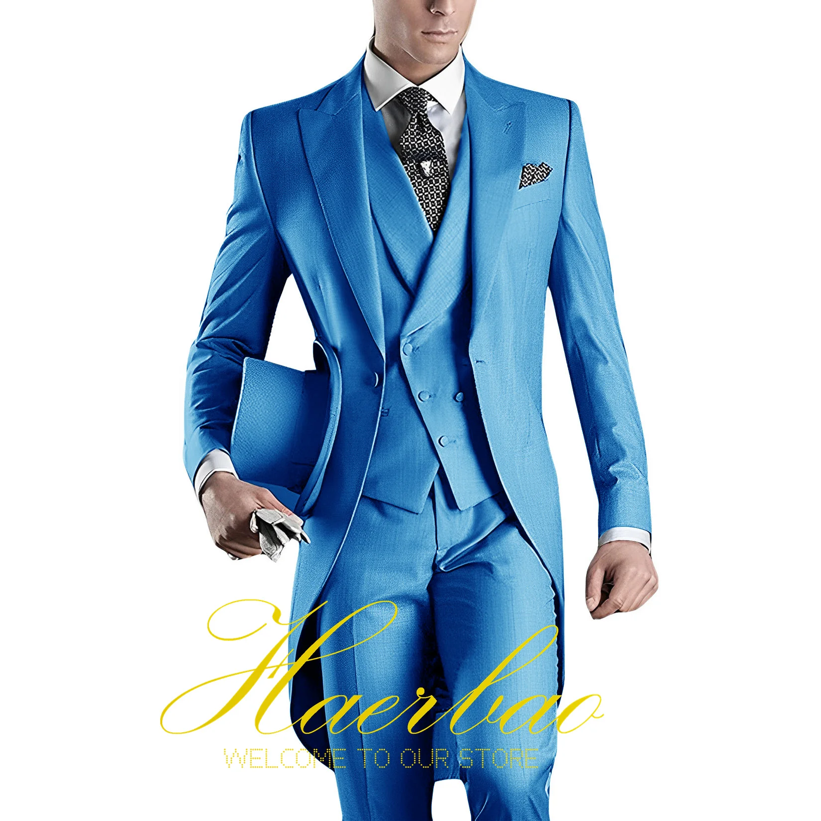 Royal Men Wedding Suit Groom Tuxedo Long Jacket Pant Vest Three Piece Suit Formal Party Clothes Custom Colors