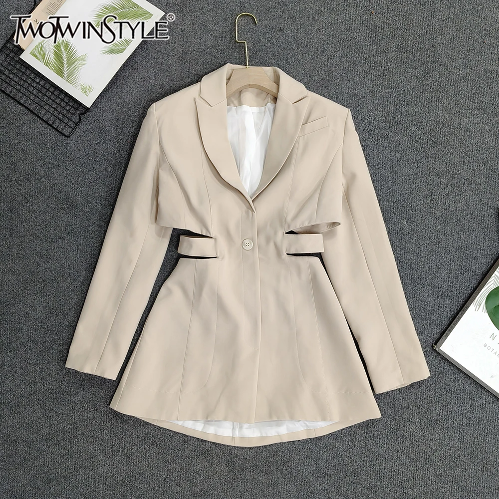 TWOTWINSTYLE Hollow Out Slimming Sexy Blazers For Women V Neck Long Sleeve Spliced Button Summer Chic Jacket Female TJA637525