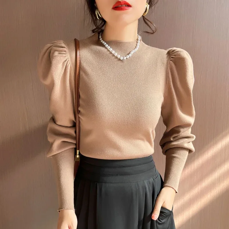 Suéter de punto para mujer, jerséis, suéteres, suéter de punto de manga larga a la moda, jersey para mujer, Tops con cuello levantado, suéter femenino Q1018