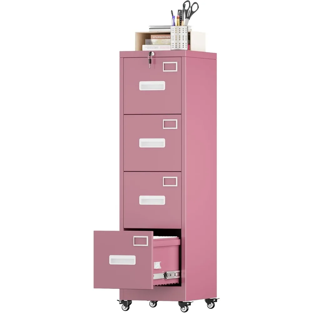 File Cabinet 4 Drawer with Wheels, Lockable Office Metal Filing Cabinet with Name Card for Office and Home,Assembly Required,Pi