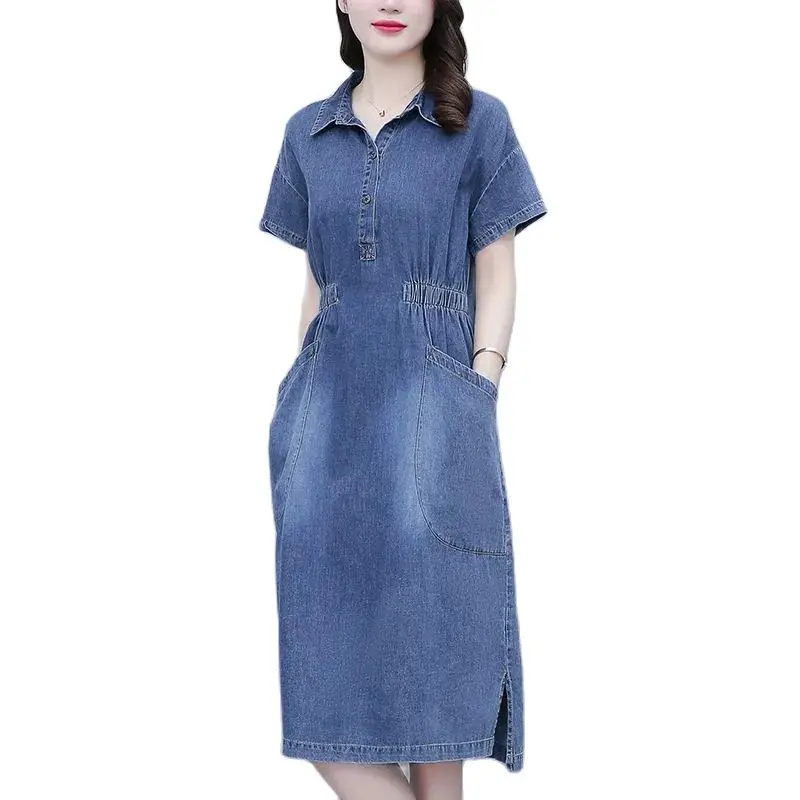 Robe en denim vintage à manches courtes pour femmes, chemise slim avec poches, vêtements décontractés pour femmes, 4XL, été, nouveau, 2023