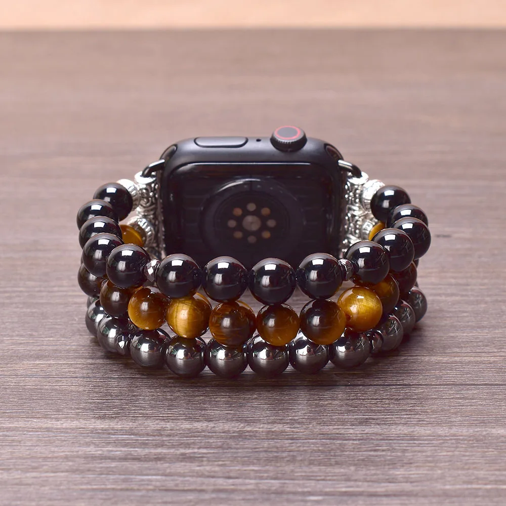 Hematite Tiger Eye Black Onyx Apple Watch Band 38mm 40mm 41mm 42mm 44mm 45mm Stone Beaded Bracelet Strap for Iwatch Series 1-SE