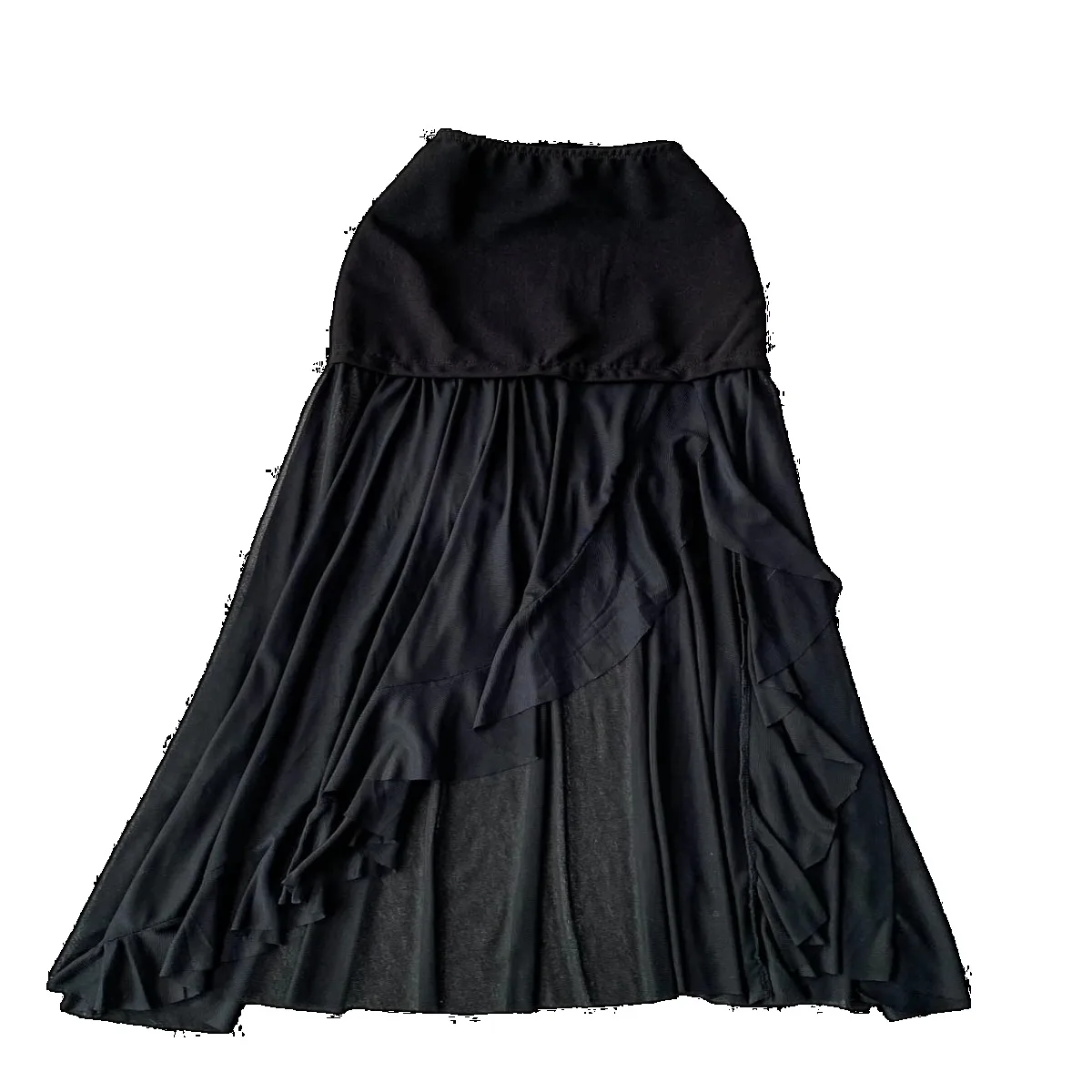 Foamlina Slit Mesh Patchwork Drape Maxi Skirt Women 2025 Summer New Black Hot Girl Petite High Waist Slim Fit Half Skirt Dress