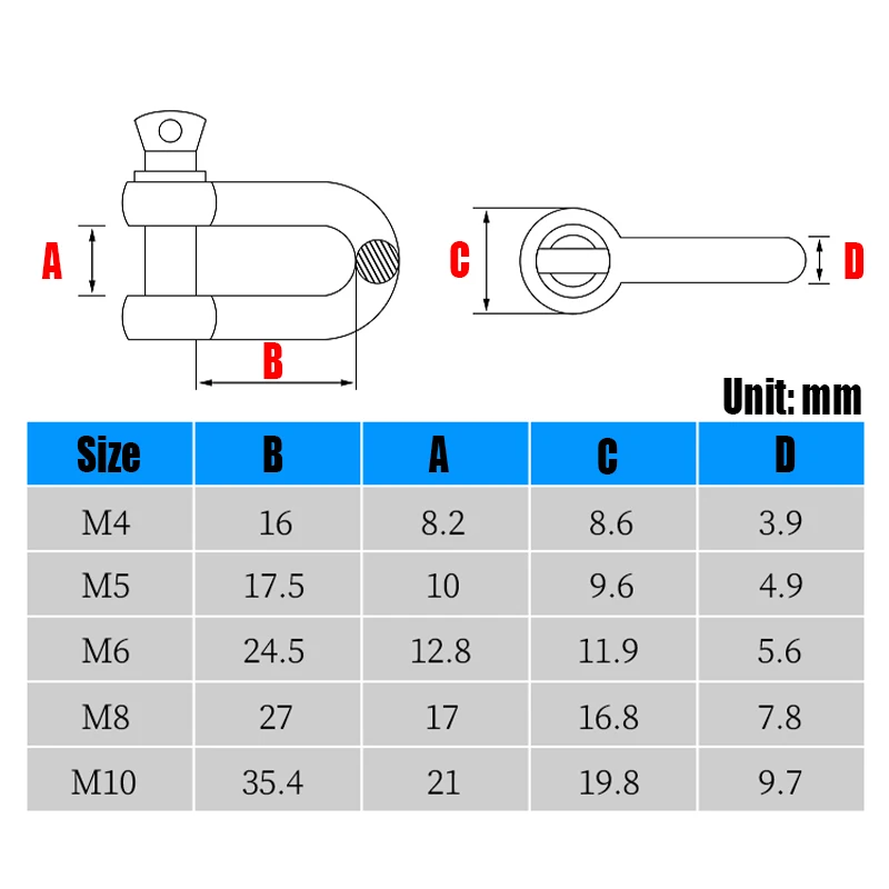 1PC M4-M10 304 Stainless Steel D Shackle D Type Shackle Lifting Ring Shackle D Rigging Shackle Hook Screw Joint Connector Buckle