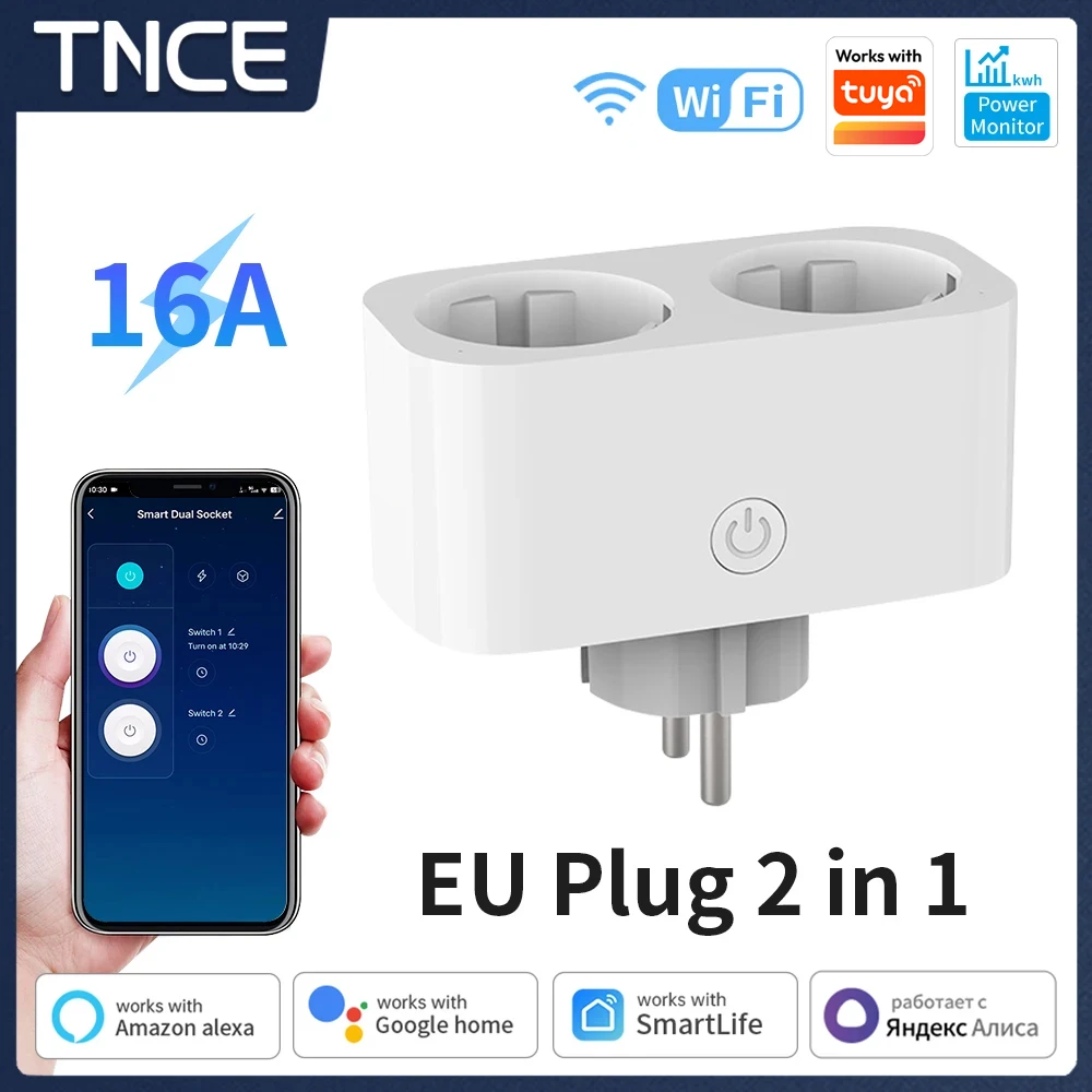 TNCE tuya wifi enchufe Dual 16A eu 2 enchufe en 1 Monitor de potencia vida inteligente Control remoto temporizador voz con Google Home Alexa Alice