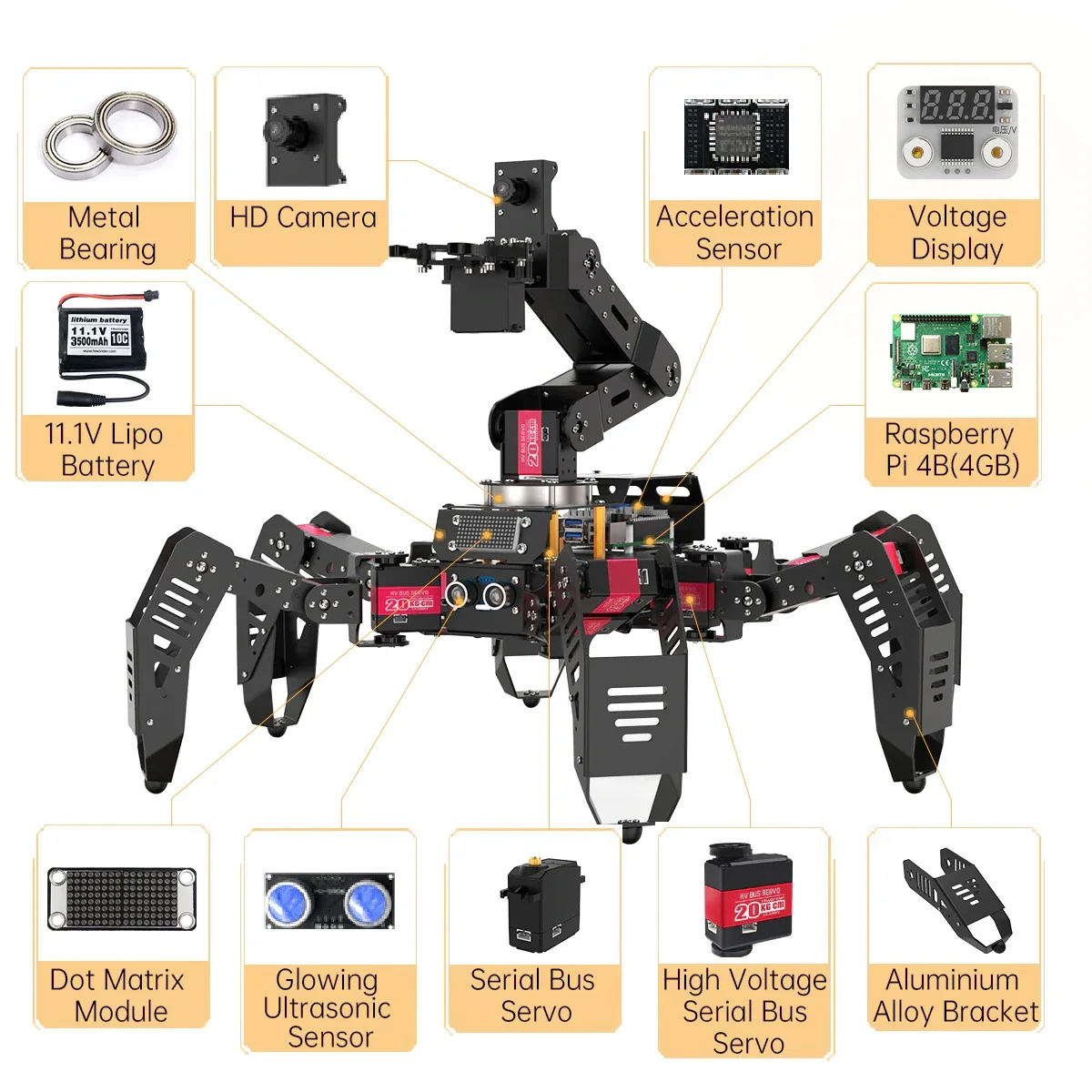 

zz For SpiderPi Pro Hexapod Robot Smart Robot with AI Robotic Arm Powered by Board for Raspberry Pi 4B 4GB