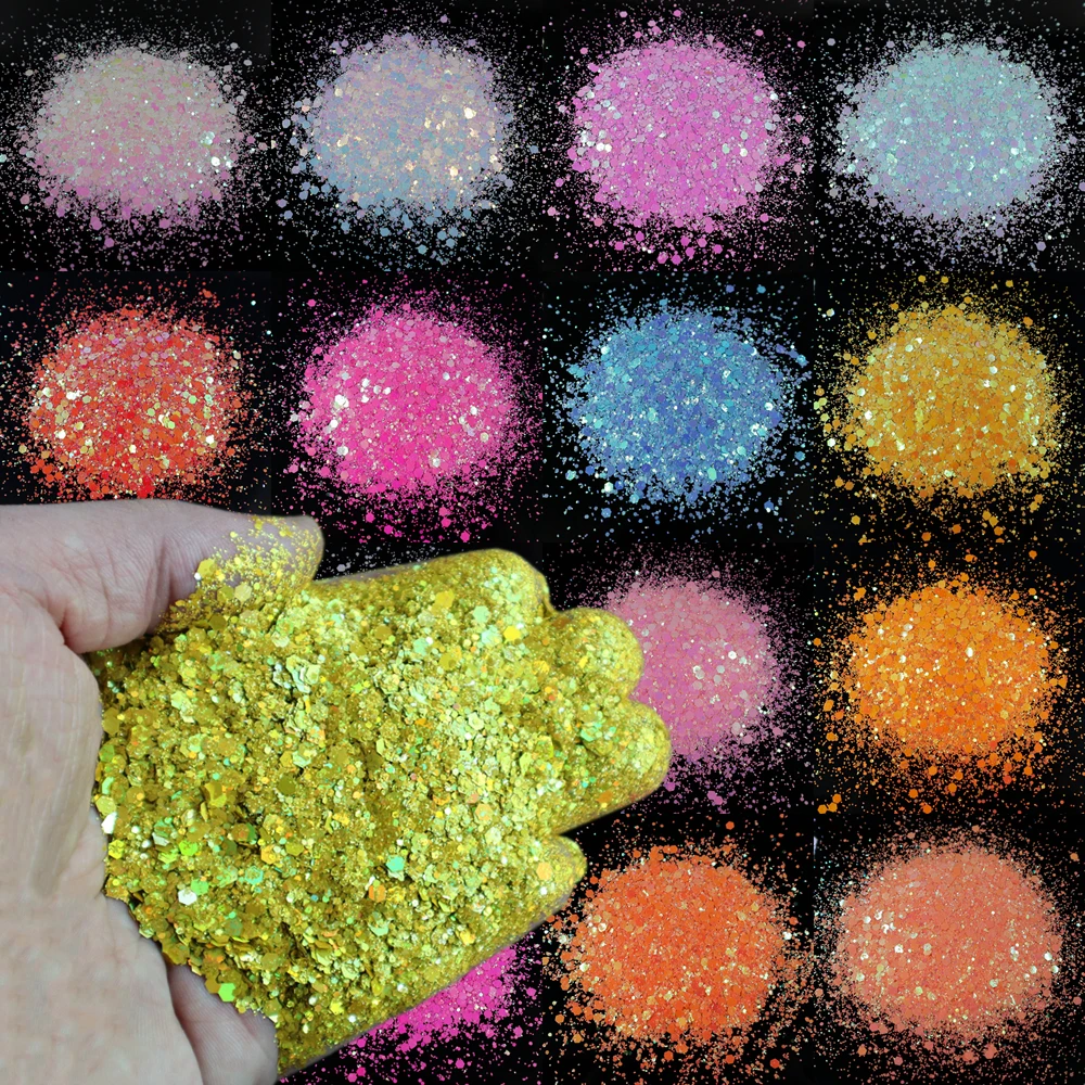 Granel atacado pó holográfico misturado hexágono lantejoulas glitter face olho artesanato unha chunky glitter mix cor mudando brilho