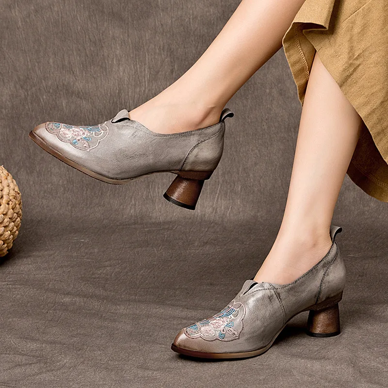 Embroidery Leather Pumps Women Pointed Toe High Heels Shoes Ladies Gray Handmade Genuine Leather Women Lazy Shoes High Heels