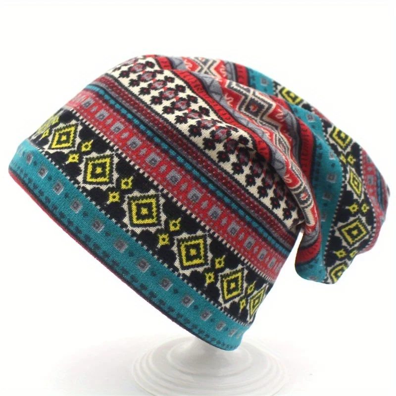 Geometric Print Bohemia Skullies Cap Thicken Autumn and Winter Knitted Hat Warm Beanies Hat Scarf for Men and Women