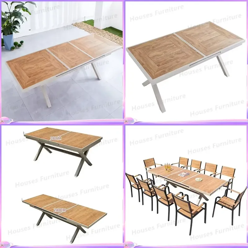 Outdoor Aluminum Picnic Table Extendable Dining Table Set Garden Wooden Furniture Patio Restaurant Party Camping Folding