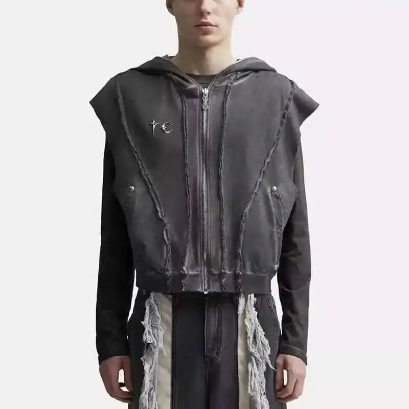 Washed Metal Zipper Design Hooded Cardigan Vest Men's High Street Sleeveless Rough Selvedge Loose Trendy Short Tops 2ZHSO