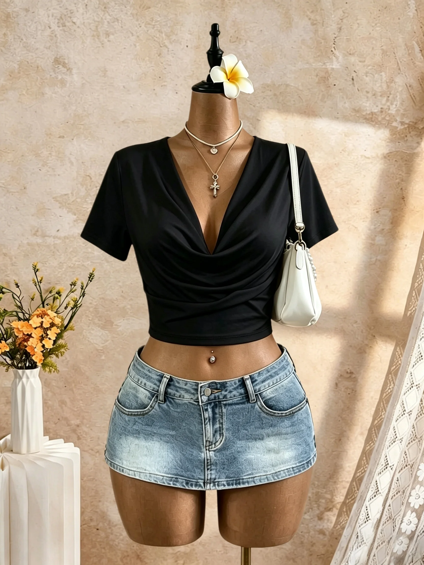 Damen-Crop-Top mit tiefem V-Ausschnitt, kurzen Ärmeln, drapiertem Wasserfallausschnitt, überkreuztem Wickeldesign, eng anliegend, dehnbar, lässig für Ausgehzwecke. – Detail 6