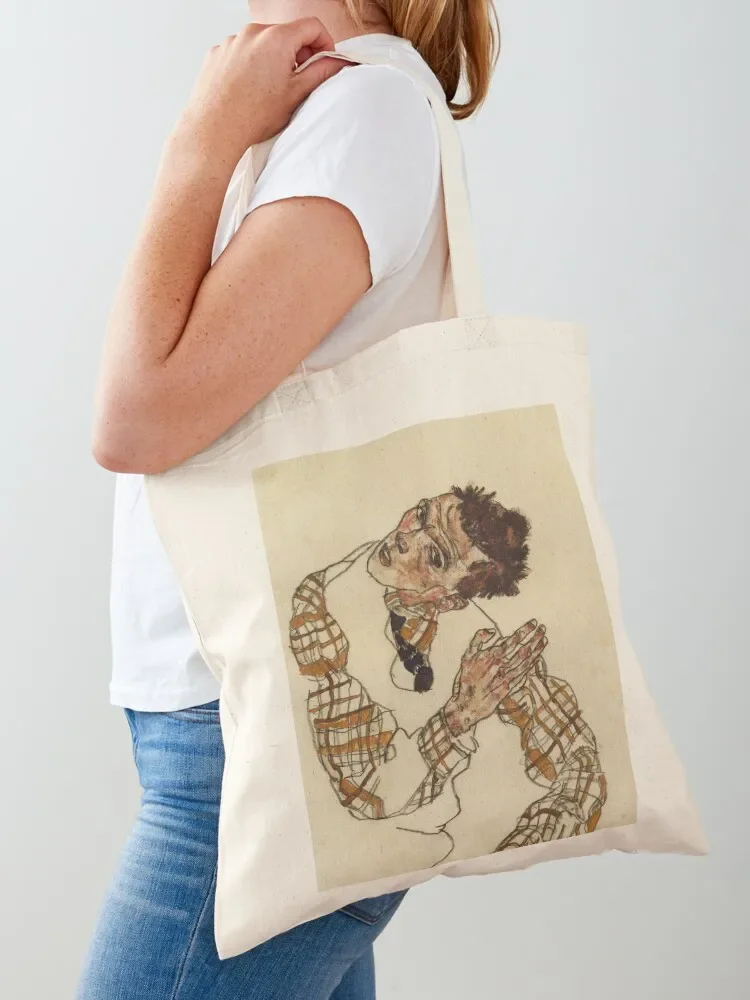 Egon Schiele - Self Portrait With Checkered Shirt 1917 Tote Bag reusable shopping bags Cloth bags Customizable tote bag Tote Bag