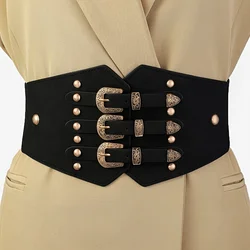Vintage Rivet Studded Waistband Gothic Triple Buckle Wide Belts Classic Corset Waspie Belts Dress Coat Girdle For Women Girls
