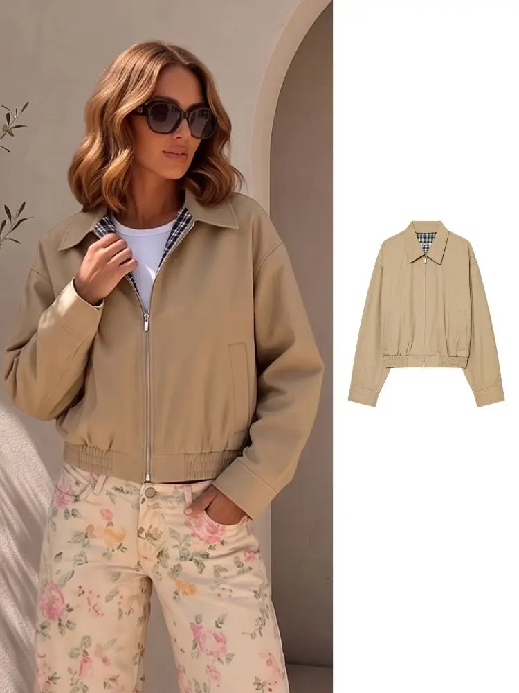 HH Women's Spring Jacket Lapel Collar Full Zip Loose Drop Shoulder Coat Elastic Hem Cropped Casual Outerwear for Daily Office