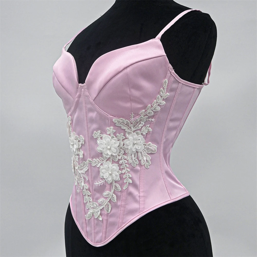 Women Luxury Corset Bustier with Cups Lace Up Boned Bodice Elegant Pink Applique Shaper Vest For Wedding Party Stage Costume Top
