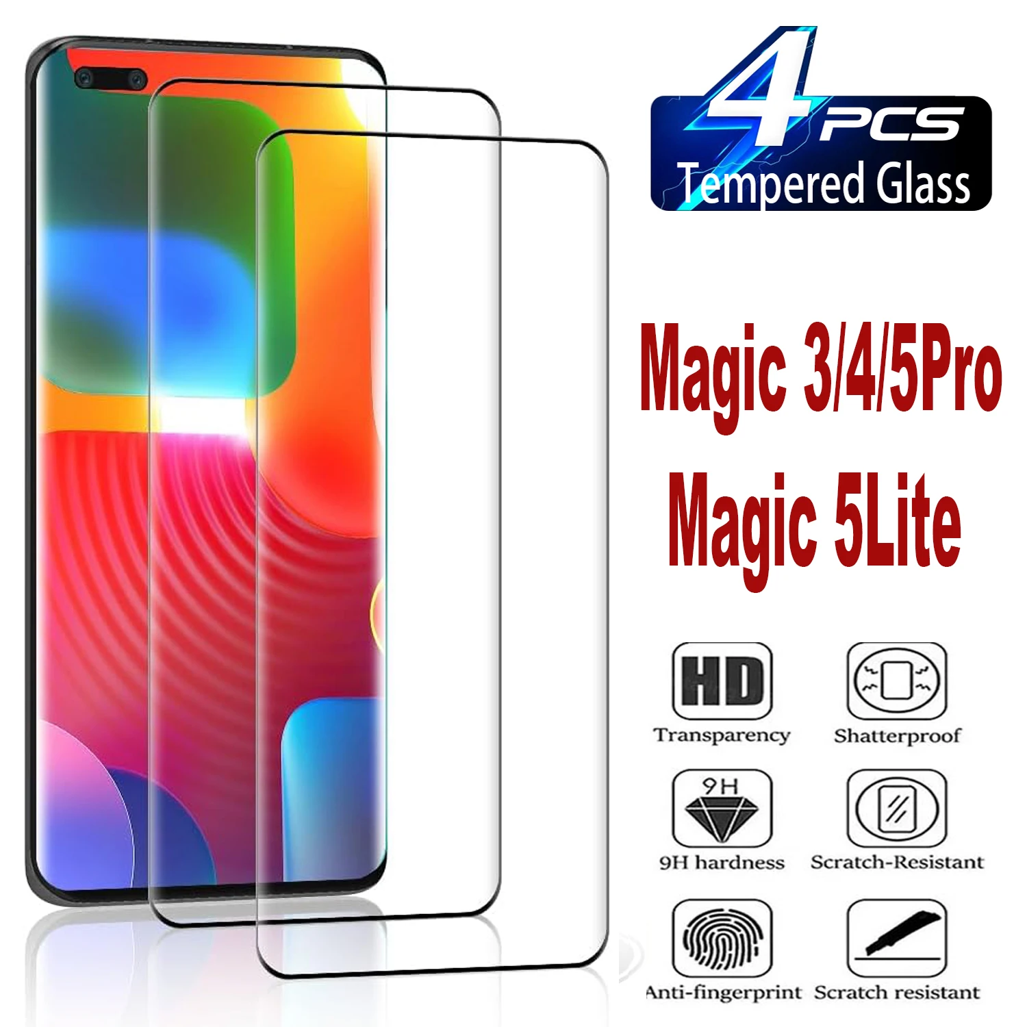 9H Curved Four Sides Glue Tempered Glass For Huawei Honor Magic 5 6 Pro Magic 5 6 Lite 2/4Pcs HD Screen Protector