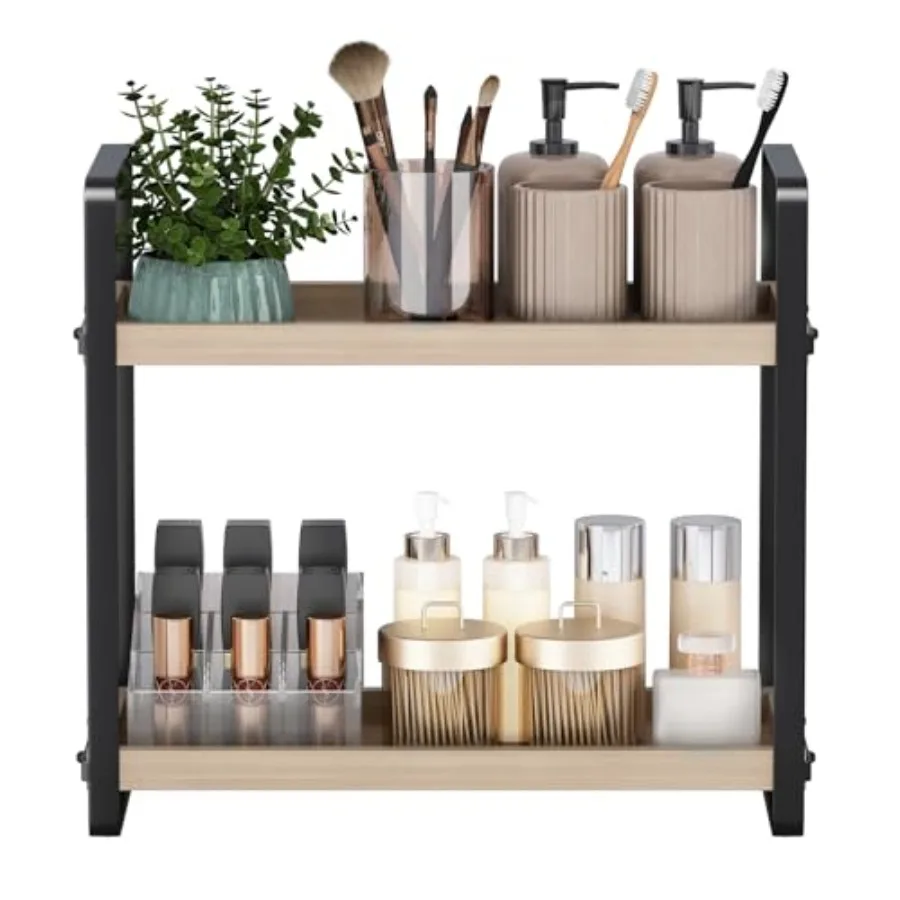 

Bathroom Counter Organizer 2 Tier Countertop Shelf in Burlywood for Sink Caddy and Makeup Storage with Compact Organization and