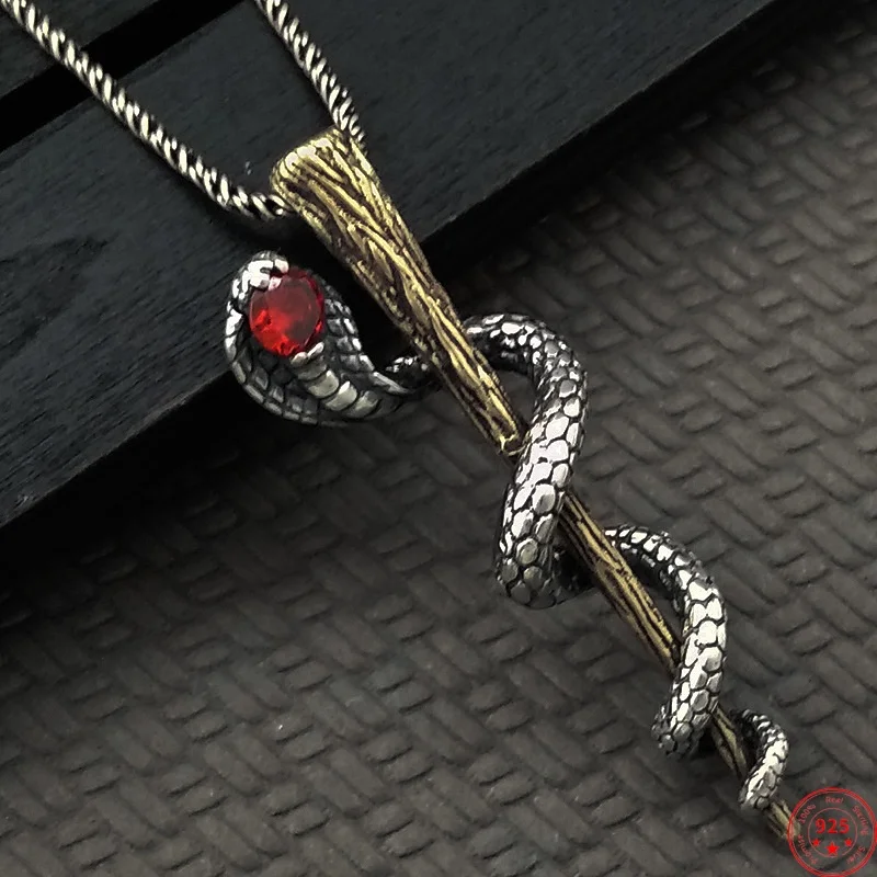 S925 Sterling Silver Charms Pendants for Women Men New Fashion Inlay Red Corundum Cobra Personality Jewelry