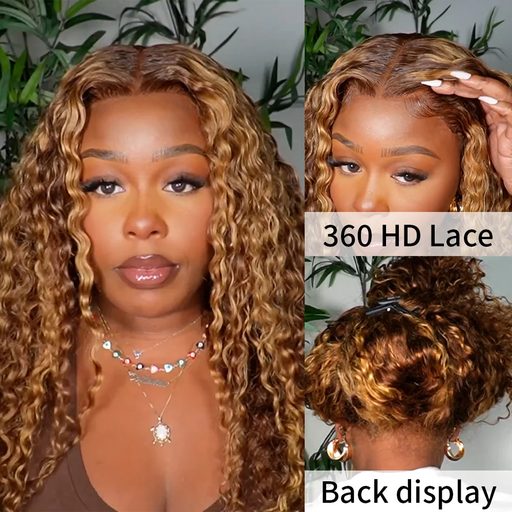 موجة المياه 34 بوصة حزام غير مرئي 360 كامل الدانتيل شعر مستعار أمامي العسل شقراء تسليط الضوء على موجة عميقة شعر مستعار أمامي غلويليس شعر مستعار الإنسان