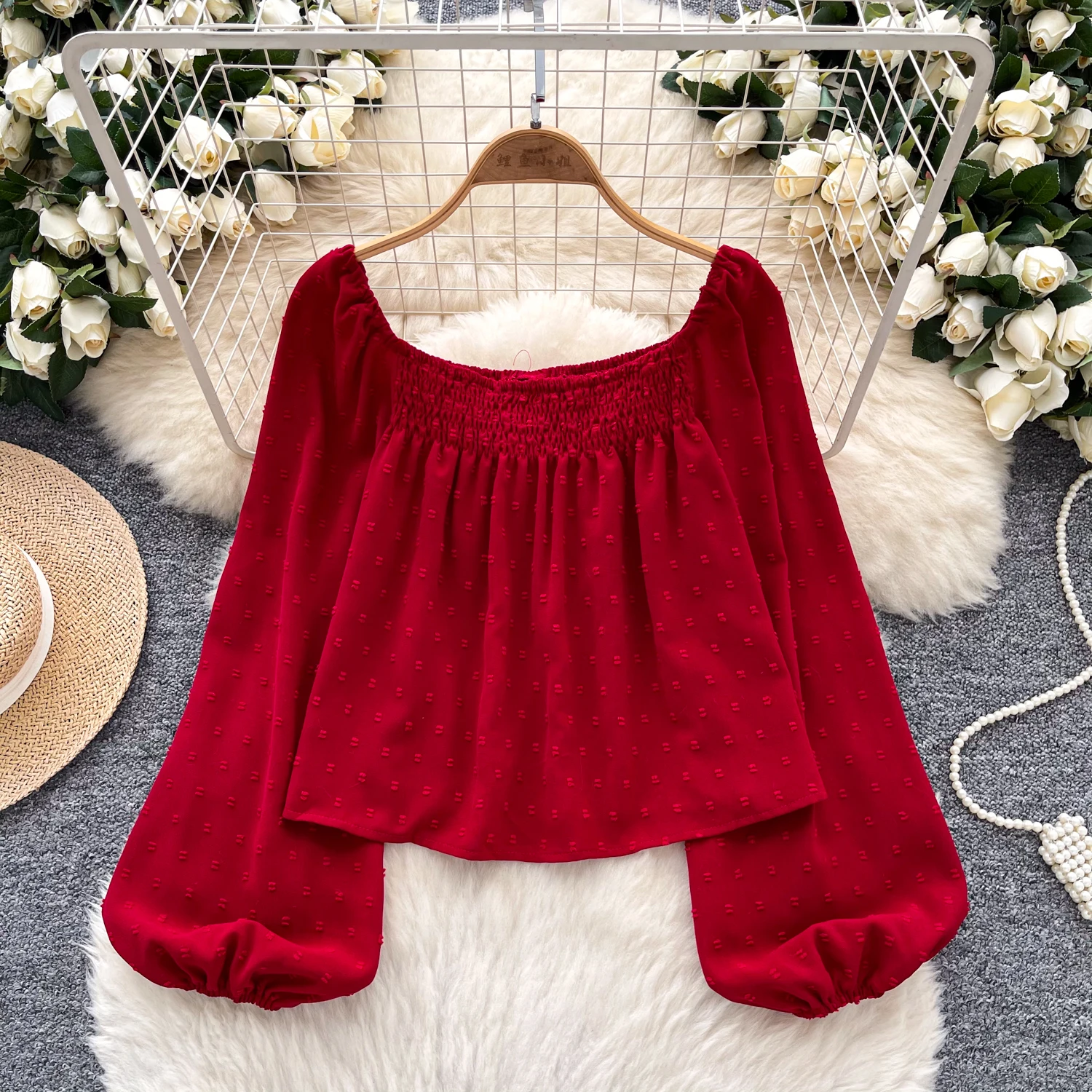 

French style Dot Puff Sleeves Long Sleeve Shirt Tops Women Autumn New Casual Square Neck Loose Short Blouses