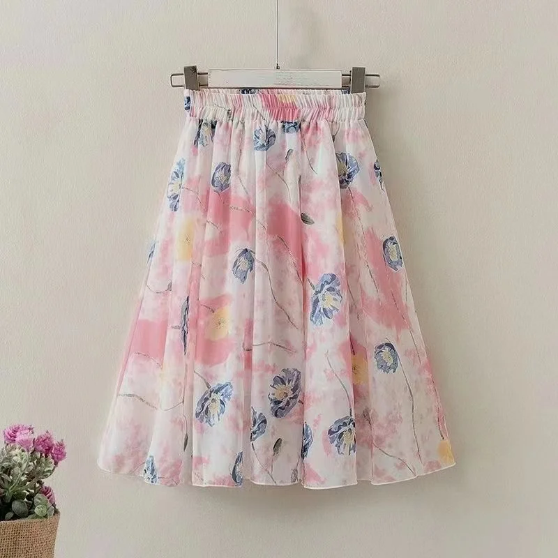 Retro National Style Girls Kids Skirts 2023 New Chiffon Elastic High Waist Midi Skirts Floral Print Holiday Beach Skirts