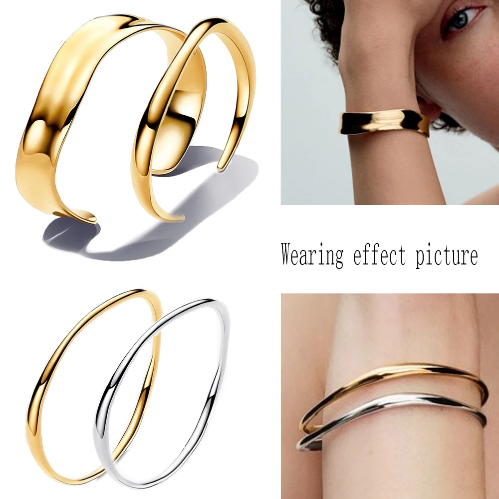 New Product 925 Sterling Silver Organically Shaped Broad Open Bangle&Gold and Silver Two Tone Delicate Bracelet