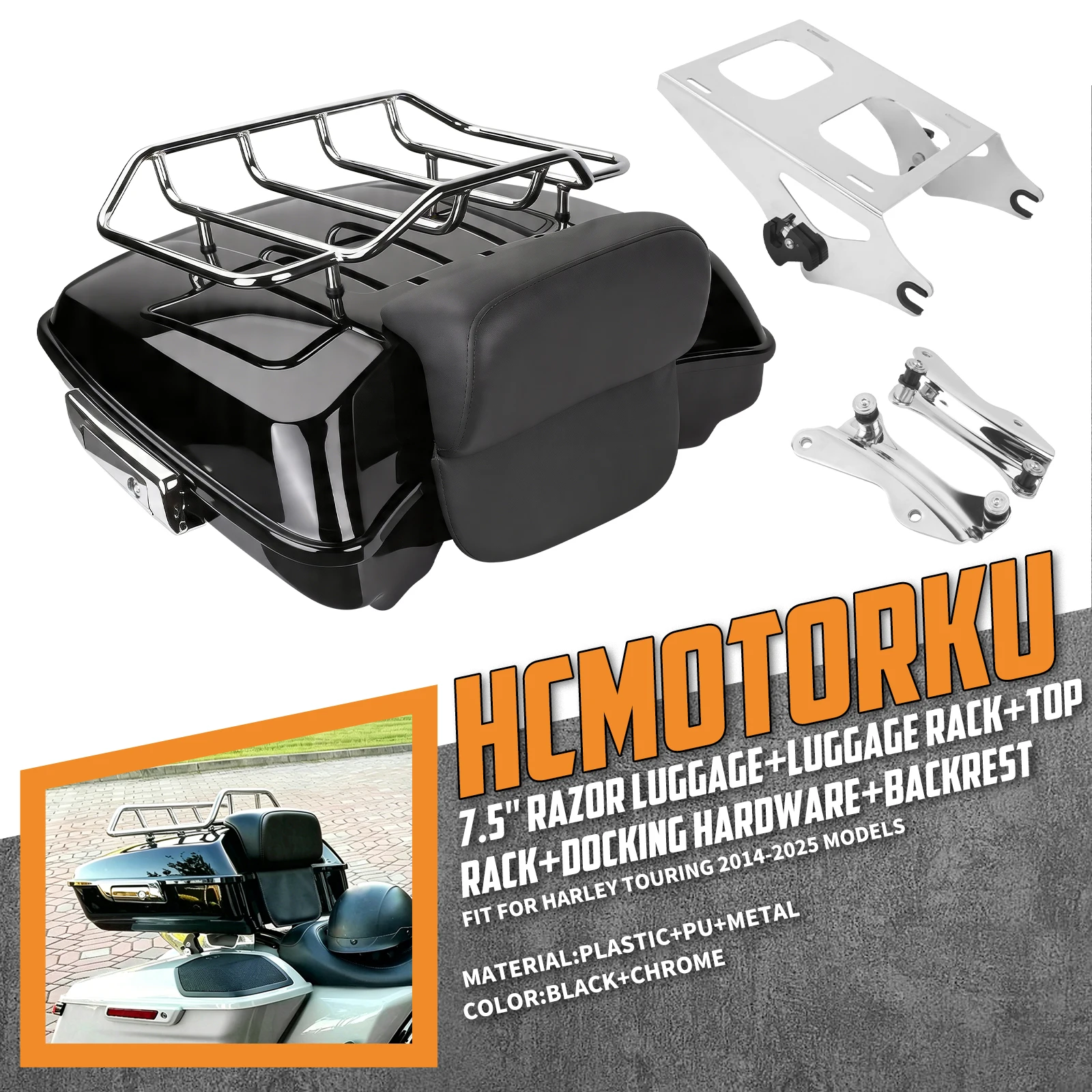 Razor Tour Pack Kit Motorcycle Luggage Racks Rear Trunk Bag With Backrest Docking Hardware For Harley Touring Street Glide 14-25