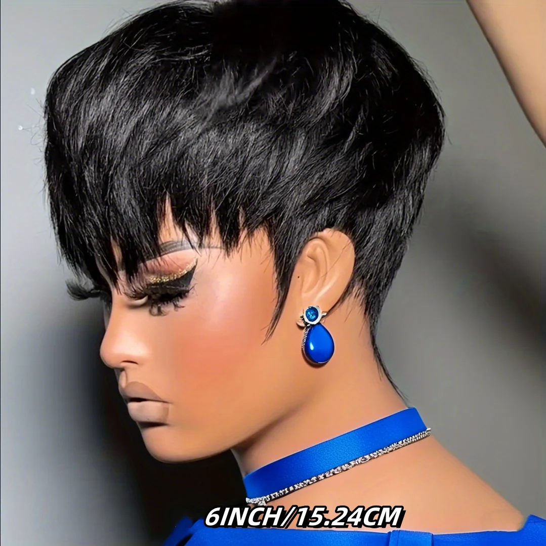 

Pixie Cut wigs Straight Human Hair Wigs with Bangs Natural 1B Color Wig Short Layered Full Machine Made Wig for Women