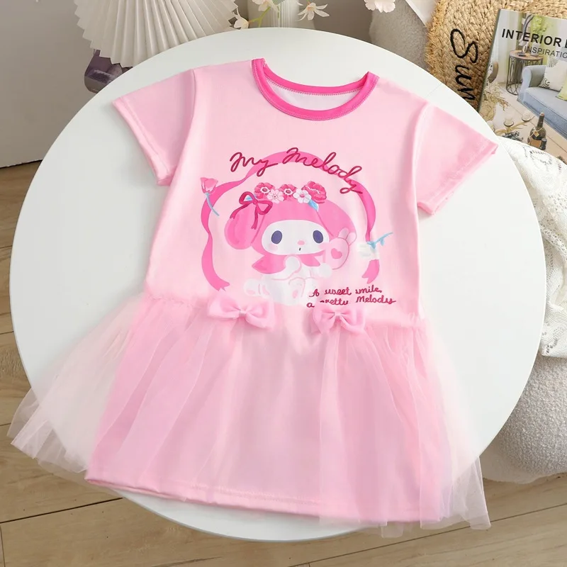 Sanrio 2024 Nieuwe Meisjes Jurk Mesh Rok Prinses Rok T-Shirt Schattige Strik Korte Mouw Cartoon Mijn Melodie Kuromi Meisjes Kleding Cadeau