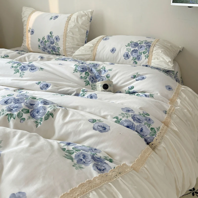 France Style Princess Lace Duvet Cover Set 100% Cotton Bedding Set Blue Rose Flowers Printing Bedspread Bed skirt Pillowcases