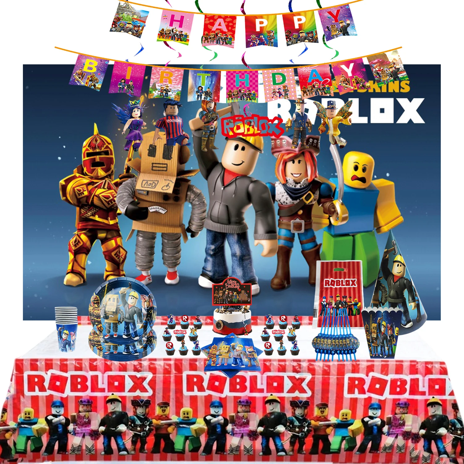 

Roblox Birthday Party Decorations Supplie Celebration Party Disposable banner pennant Tablecloth Cup Plate paper Baby Shower set