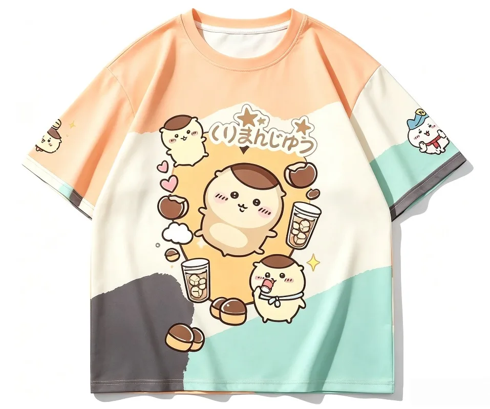Kawaii Chiikawa Kurimanju Oversize Heavyweight T-Shirt Unisex Lustiges Größentabelle-Cartoon-Loose-Streetwear-Top Familienoutfit