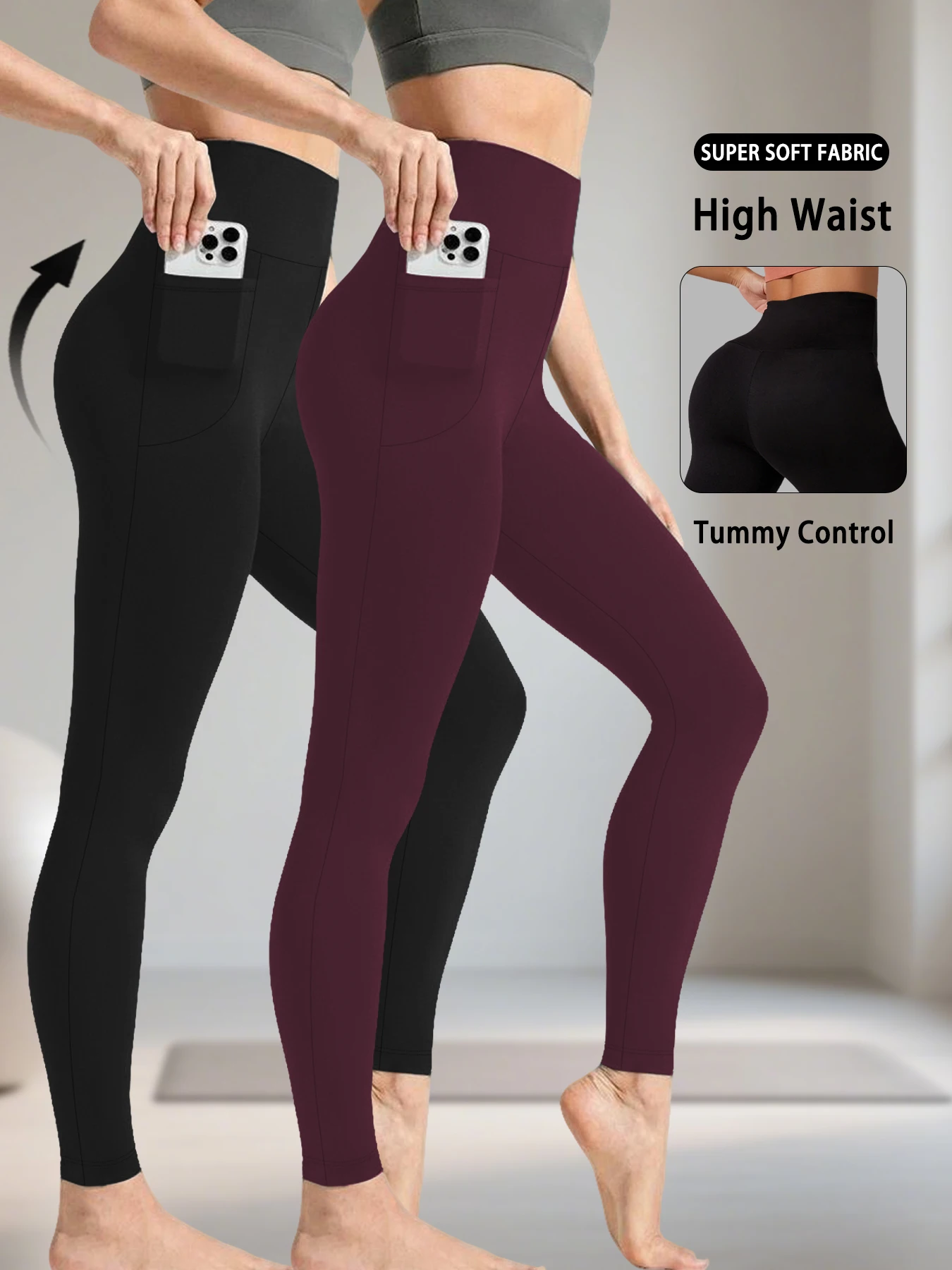 

2 Pack Super Soft Sports Leggings With Pockets For Women High Waisted Workout Yoga Running Tight Pants Push Up Gym Fitness