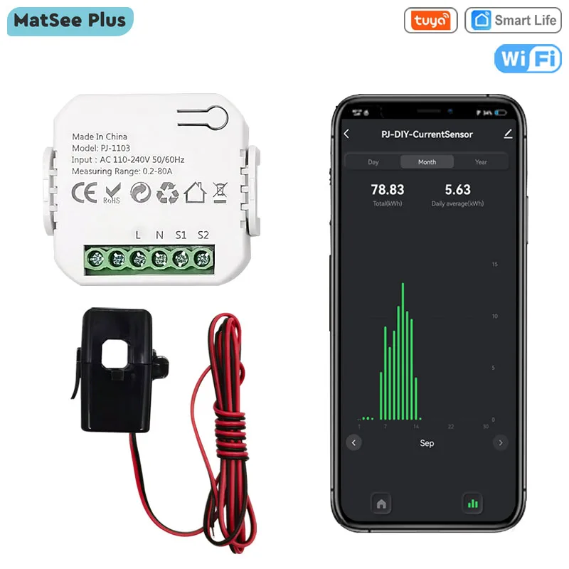 Tuya Smart WiFi Digital Energy Monitor 80A with Current Transformer Sensor CT App  Monitor Power Consumption 110V 240V 50/60Hz