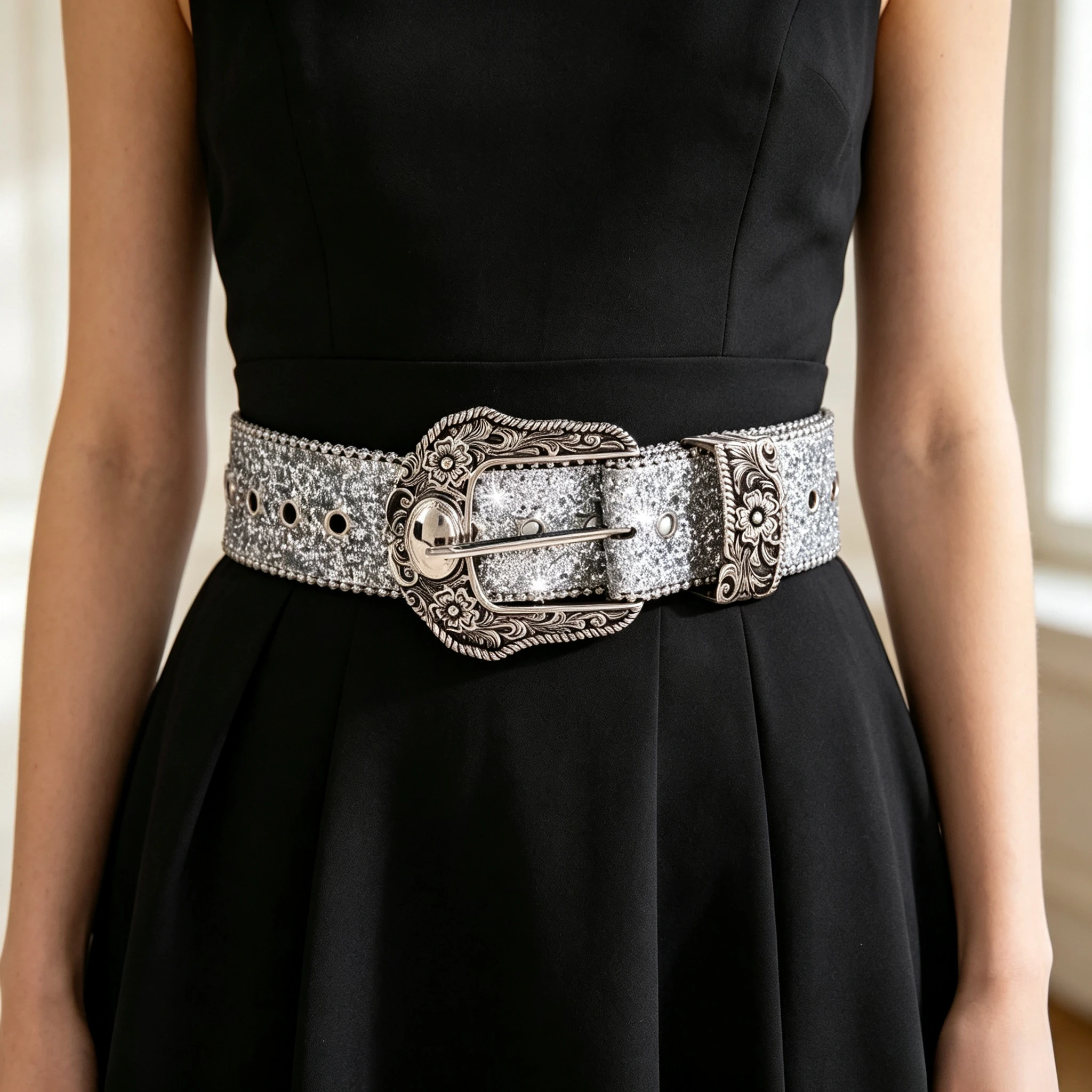 Silver Glitter Western Cowboy Belt with Engraved Buckle